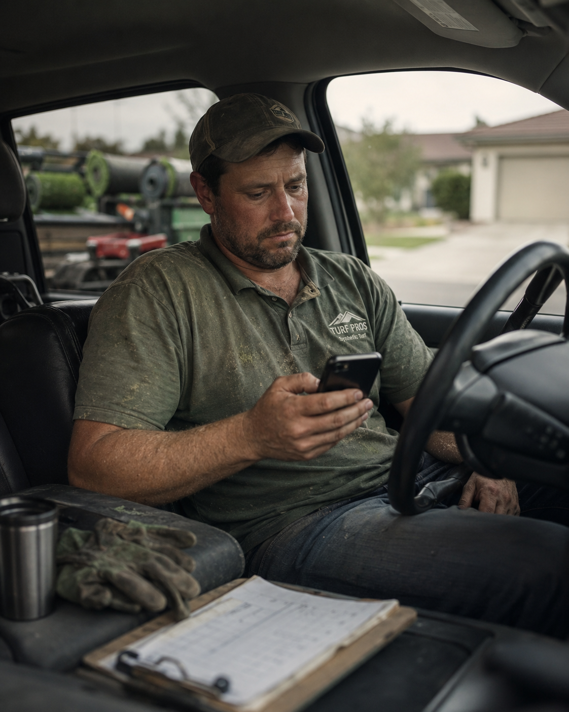 Turf installer sitting in his truck reading a text from a lost lead
