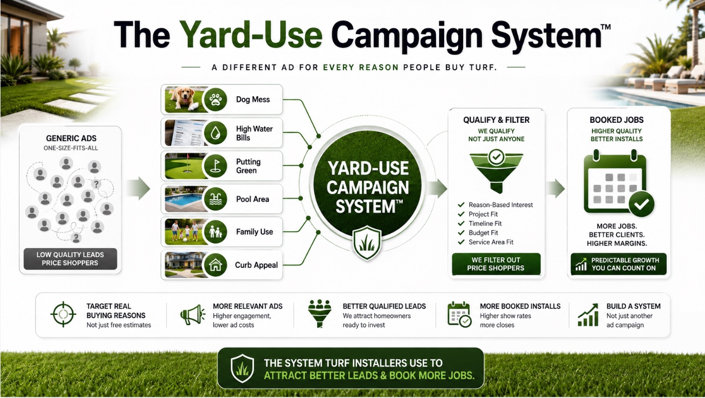 The Yard-Use Campaign System: a different ad for every reason people buy turf, qualified and filtered into booked jobs