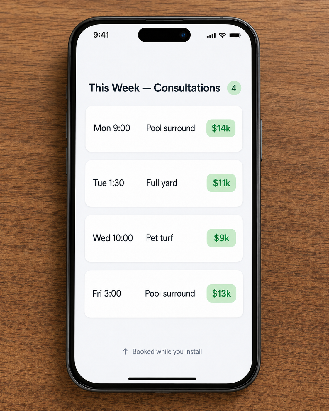 Phone on a table showing booked turf consultations